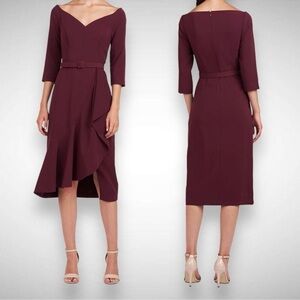 NWOT Kay Unger Izzy Ruffle Side Slit Belted Midi Dress Molasses Purple sz 6